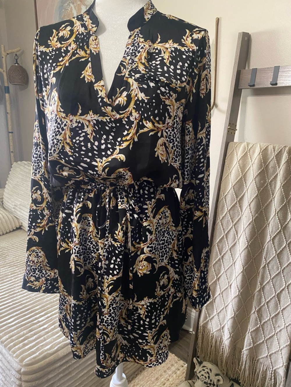 Naked Zebra Black and Gold Baroque-Print Long Sleeve‎ Dress